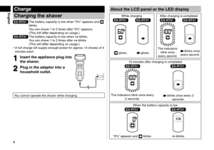 Page 44
EnglishAbout	the	LCD	panel	or	the	LED	display
While charging After charging is completed
ES‑RT51ES‑RT31ES‑RT51ES‑RT31
 glows. glows.The indicators 
blink once 
every second. blinks once 
every second.
10 minutes after charging is completed
ES‑RT51ES‑RT31
The indicators blink once every   seconds. blinks once every  seconds.
When the battery capacity is low
ES‑RT51ES‑RT31
“0%” appears and  blinks. blinks.
Charge
Charging	the	shaver
ES‑RT51  
  The battery capacity is low when “0%” appears and...