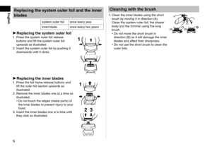 Page 66
EnglishReplacing	the	system	outer	foil	and	the	inner	
blades
system outer foil once every year
inner blade once every two years
Replacing	the	system	outer	foil1. Press the system outer foil release 
buttons and lift the system outer foil 
upwards as illustrated.


.   Insert the system outer foil by pushing it 
downwards until it clicks.
1
Replacing	the	inner	blades1.  Press the foil frame release buttons and 
lift the outer foil section upwards as 
illustrated.


.   Remove the inner blades...