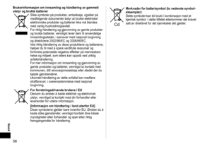 Page 5656
 Norsk
Merknader for batterisymbol (to nederste symbol-
eksempler): 
Dette symbolet kan bli brukt i kombinasjon med et 
kjemisk symbol. I dette tilfellet etterkommer det kravet 
satt av direktivet for det kjemikaliet det gjelder. 
Brukerinformasjon om innsamling og håndtering av gammelt 
utstyr og brukte batterier
Slike symboler på produkter, emballasje, og/eller på 
medfølgende dokumenter betyr at brukte elektriske/
elektroniske produkter og batterier ikke må blandes 
med vanlig husholdningsavfall....