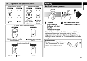 Page 5959
 Svenska
Om LCD-panelen eller lysdioddisplayen
Under pågående laddning  När laddningen är klar
ES‑RT51ES‑RT31ES‑RT51ES‑RT31
 lyser. lyser.Indikatorerna 
blinkar en gång  varje sekund. blinkar en 
gång per  sekund.
10 minuter efter att laddningen slutförts
ES‑RT51ES‑RT31
Indikatorerna blinkar en gång  varannan sekund. blinkar en gång varannan  sekund.
När batterikapaciteten är låg
ES‑RT51ES‑RT31
“0%” visas och  blinkar. blinkar.
Rakning
Använda rakapparaten
1
1Tryck på 
omkopplarens 
låsknapp och skjut...