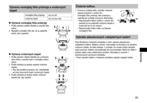 Page 8585
 Slovensky
Výmena vonkajšej fólie prístroja a vnútorných 
čepelí
vonkajšia fólia prístroja raz za rok
vnútorná čepeľ raz za dva roky
Výmena vonkajšej fólie prístroja1. Podľa obrázku stlačte tlačidlá a vysuňte fóliu 
nahor.
2.
  Nasaďte vonkajšiu fóliu tak, že ju zatlačíte 
nadol, kým zapadne.1
Výmena vnútorných čepelí1.  Podľa obrázku stlačte tlačidlá pre uvoľnenie 
rámu fólie a vysuňte časť s vonkajšou fóliou 
nahor.
2.

  Podľa obrázka po jednej vyberte vnútorné 
čepele.
Aby ste predišli poraneniu...