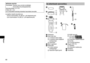 Page 8888
Magyar
MŰSZAKI ADATOK
Áramellátás:   Tekintse meg a termék névtábláját. 
(Automatikus feszültségátalakítás)
Motorfeszültség: 2,4 V DC
Töltési idő: 1 óra
Ezt a készüléket kizárólag háztartási használatr\
a tervezték.
Levegőben terjedő akusztikai zaj: borotva üzemmódban: 62 (dB (A) 1 pW teljesítménynél) 
nyíró üzemmódban: 63 (dB (A) 1 pW teljesítményné\
l)Az alkatrészek azonosítása


















A 
VédősapkaB Külső szita rész1 A rendszer külső szitája2 A rendszer külső szitájának...