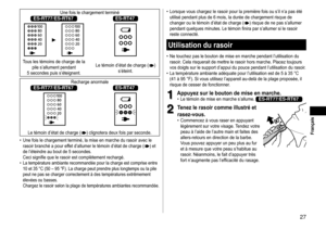 Page 2727
 Français
Une	fois	le	chargement	terminéES-RT77/ES-RT67ES-RT47
		Tous	les	témoins	de	charge	de	la	pile	s’allument	pendant	5	secondes	puis	s’éteignent.Le
	témoin	d’état	de	charge	()	s’éteint.
Recharge	anormaleES-RT77/ES-RT67ES-RT47
	
Le	témoin	d’état	de	charge	()	clignotera	deux	fois	par	seconde.
	• Une	fois	le	chargement	terminé,	la	mise	en	marche	du	rasoir	avec	le	rasoir	branché	a	pour	ef

fet
	d’allumer	le	témoin	d’état	de	charge	()	et	de	l’éteindre	au	bout	de	5	secondes.
	
Ceci
	signifie	que	le...