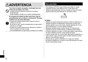 Page 4040
 Español
Usoprevisto
	• Esta	afeitadora	WET/DRY	puede	utilizarse	para	afeitar	en	mojado	empleando	espuma	o	para	afeitar	en	seco.	Puede	utilizar	esta	afeitadora	impermeable	bajo	la	ducha	y	limpiarla	con	agua.	El	símbolo	siguiente	indica	que	puede	utilizarse	en	una	bañera	o	ducha.
►Notas	• Afeítese	con	espuma	durante	tres	semanas	y	observe	la	diferencia.	Su	afeitadora	Panasonic	en	Mojado/Seco	requiere	algo	de	tiempo	para	ajustarse	debido	a	que	su	piel	y	barba	necesitan	alrededor	de	un	mes...