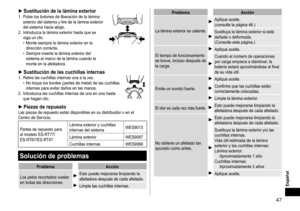 Page 4747
Español
►Sustitucióndelaláminaexterior1.	 Pulse	los	botones	de	liberación	de	la	lámina	exterior	del	sistema	y	tire	de	la	lámina	exterior	del	sistema	hacia	abajo.
2.	

Introduzca
	la	lámina	exterior	hasta	que	se	oiga	un	clic.	• Monte	siempre	la	lámina	exterior	en	la	dirección	correcta.	• Siempre	inserte	la	lámina	exterior	del	sistema	al	marco	de	la	lámina	cuando	la	monte	en	la	afeitadora.
►Sustitucióndelascuchillasinternas1.	 Retire	las	cuchillas	internas	una	a...