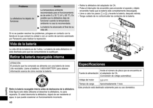 Page 4848
 Español
ProblemaAcción
La
	afeitadora	ha	dejado	de	funcionar.
La	temperatura	ambiente	recomendada	para	el	funcionamiento	es	de	entre	5	y	35	°C	(41	y	95	°F).	Es	posible	que	la	afeitadora	deje	de	funcionar	cuando	la	temperatura	ambiente	no	sea	la	recomendada.
La	batería	ha	alcanzado	el	final	de	su	vida	útil.
Si
	no	se	pueden	resolver	los	problemas,	póngase	en	contacto	con	la	tienda	en	la	que	compró	la	unidad	o	con	un	centro	de	servicio	autorizado	por	Panasonic	para	realizar	la	reparación....