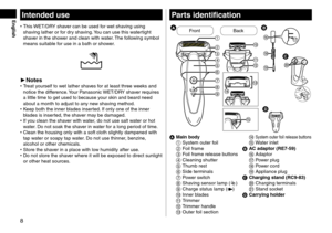 Page 88
EnglishIntendeduse
 •This WET/DRY shaver can be use\f for wet shaving using 
shaving lather or for \fry shaving. You can use this watertight 
shaver in the shower an\f clean with w\later. The following symbol 
means suitable for use in a bath or\l shower.
► Notes •Treat yourself to wet lather shaves for at least three w\leeks an\f 
notice the \fifference. Your Panasonic WET/DRY shaver requires 
a little time to ge\lt use\f to because y\lour skin an\f bear\f n\lee\f 
about a month to a\f\ljust...