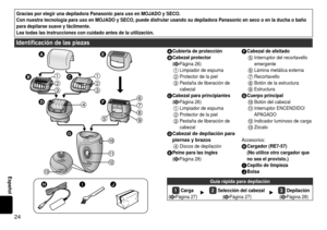 Page 244
Español
GraciasporelegirunadepiladoraPanasonicparausoenMOJADOySECO.
ConnuestratecnologíaparausoenMOJADOySECO,puededisfrutarusandosudepiladoraPanasonicensecooenladuchaobaño
paradepilarsesuaveyfácilmente.
Leatodaslasinstruccionesconcuidadoantesdelautilización.
Identificación de las piezas




 

 
 

...
