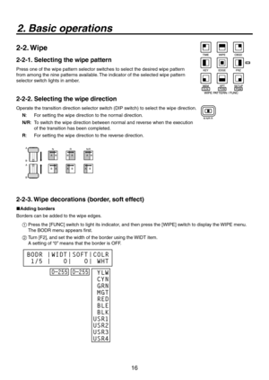 Page 16
16

2. Basic operations
2-2. Wipe
2-2-1. Selecting the wipe pattern
Press one of the wipe pattern selector switches to select the desired wipe pattern 
from among the nine patterns available. The indicator of the selected wipe pattern 
selector switch lights in amber.
2-2-2. Selecting the wipe direction
Operate the transition direction selector switch (DIP switch) to select the wipe direction.
N:  For setting the wipe direction to the normal direction.
N/R :    To switch the wipe direction between...