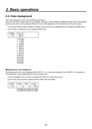 Page 23
3

2. Basic operations
2-4. Color background
The color background to be used by the bus can be set.
One color among the eight preset colors (WHITE, YELLOW, CYAN, GREEN, MAGENTA, RED, BLUE and BLACK) 
and four user colors can be selected. HUE, SAT and LUM adjustments can be performed for the user colors.
1 Press the [FUNC] switch to light its indicator, and then press the [CBGD] switch to display the CBGD menu.
2  Turn [F], and select the color using the COLR item.
:-8
$:/
(3/
.(5
3&%...