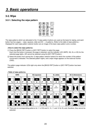 Page 233
3. Basic operations
3-2. Wipe
3-2-1. Selecting the wipe pattern
BKGD PATTKEY PATT FUNC
WIPE PATTERN / FUNCTIONON WIPE SQ
SL 3D
PAGE
TIME WIPE COLOR
KEY CHR KEY FREEZE
DSK PinP IN/OUT
MEMORY XPT SYSTEM
1 2 3
4 5 6
7 8 9
101112
The wipe patterns which are allocated to the 1 wipe pattern buttons are used as the basis for wiping, and each 
button has four pages — wipe, squeeze, slide and 3D — of patterns. (Refer to the table of wipe patterns.)
Displayed for each wipe pattern selector button are...