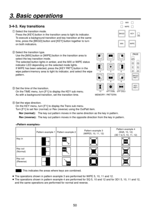 Page 5050
3. Basic operations
3-4-3.  Key transitions

Select the transition mode.
Press the [KEY] button in the transition area to light its indicator.
To execute a background transition and key transition at the same 
time, press the [BKGD] button and [KEY] button together to turn 
on both indicators.
MIX
WIPE
ON
BKGD KEY
MIX WIPE
 Select the transition type.
Use the [MIX] button or [WIPE] button in the transition area to 
select the key transition mode. 
The selected button lights in amber, and the MIX...