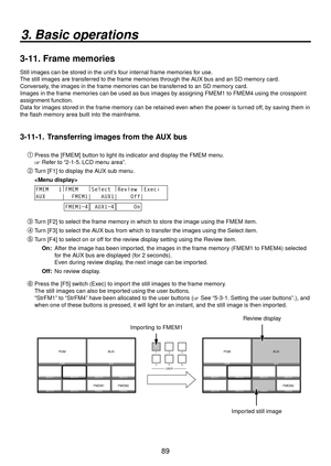 Page 8989
3. Basic operations
3-11.  Frame memories
Still images can be stored in the unit’s four internal frame memories for use.
The still images are transferred to the frame memories through the AUX bus and an SD memory card. 
Conversely, the images in the frame memories can be transferred to an SD memory card.
Images in the frame memories can be used as bus images by assigning FMEM1 to FMEM4 using the crosspoint 
assignment function.
Data for images stored in the frame memory can be retained even when the...