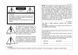 Page 2This  Class  A  digital  apparatus  complies  with  Canadian
ICES-003.
Cet  appareil  numérique  de  la  classe  A  est  conforme  à  la
norme NMB-003 du Canada.
WARNING:
TO PREVENT FIRE OR SHOCK HAZARD, DO NOT EXPOSE THIS APPLIANCE TO RAIN OR MOISTURE.
The  lightning  flash  with  arrowhead  sym-
bol,  within  an  equilateral  triangle,  is
intended  to  alert  the  user  to  the  pres-
ence  of  uninsulated  "dangerous  voltage"
within  the  product's  enclosure  that  may
be of sufficient...