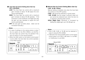 Page 35-33-
POWEROPERATE
BAR
CAMMODEGAIN AWC
SCENE
FILEABC
AT W
A
B
AUTO/AIW
ELC LOW MID
MANUON SCH
OFF HIGH AGC
OFF 1 / 100SHUTTERON
OFF
1 .
2 .
3 .
4 .
G/L PHASE
T.PEDCABLE COMP 90°   180°
0°        270°
YC
• In  case  of  settings  on  the  camera  alone  or  when
the  iris  switch  on  the  RCU  (RCB)  is  at  [AUTO],
the  Auto  Gain  Up  control  may  not  operate  if  the
lens iris switch is in the manual position.
• When the AGC switch on the hybrid control panel
is set to AGC, the Auto Gain Up control...