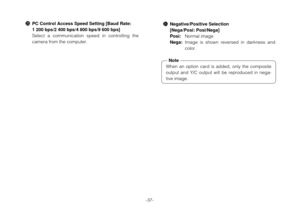 Page 39-37-
@5PC Control Access Speed Setting [Baud Rate:
1 200 bps/2 400 bps/4 800 bps/9 600 bps]
Select  a  communication  speed  in  controlling  the
camera from the computer.@65Negative/Positive Selection
[Nega/Posi: Posi/Nega]
Posi:Normal image
Nega:Image  is  shown  reversed  in  darkness  and
color.
When  an  option  card  is  added,  only  the  composite
output  and  Y/C  output  will  be  reproduced  in  nega-
tive image.
Note 