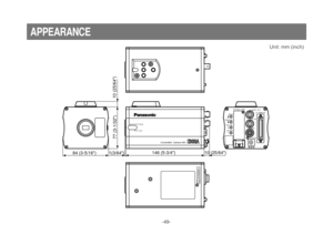 Page 51-49-
Convertible  Camera AW –
FOCUS
LOCK
87A00001SER
NO
– +
MENU
ITEM/AWC
YES/ABC
NO/BAROPTION  CARD
VIDEO  OUT
I/F  REMOTE
G/L IN
IRIS
DC12V IN
146 (5-3/4") 10 (25/64")
77 (3-1/32")10 (25/64")
1(3/64")84 (3-5/16")
APPEARANCE
Unit: mm (inch) 