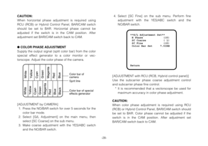 Page 28-28-
COLOR PHASE ADJUSTMENT
Supply the output signal (split color bar) from the color
special effect generator to a color monitor or vec-
torscope. Adjust the color phase of the camera.
[ADJUSTMENT with RCU (RCB, Hybrid control panel)]
Use the subcarrier phase coarse adjustment control
and subcarrier phase fine control.
* It is recommended that a vectorscope be used for
maximum accuracy in color phase adjustment.
[ADJUSTMENT by CAMERA]
1. Press the NO/BAR switch for over 5 seconds for the
color bar...