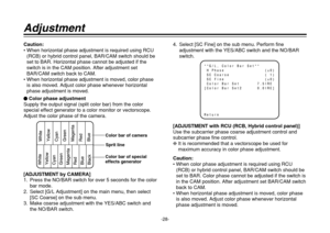 Page 28-28-
Caution:
• When horizontal phase adjustment is required using RCU
(RCB) or hybrid control panel, BAR/CAM switch should be
set to BAR. Horizontal phase cannot be adjusted if the
switch is in the CAM position. After adjustment set
BAR/CAM switch back to CAM.
• When horizontal phase adjustment is moved, color phase
is also moved. Adjust color phase whenever horizontal
phase adjustment is moved.
UColor phase adjustment
Supply the output signal (split color bar) from the color
special effect generator to...