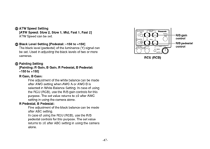 Page 47-47-
ZATW Speed Setting
[ATW Speed: Slow 2, Slow 1, Mid, Fast 1, Fast 2]
ATW Speed can be set.
[Black Level Setting [Pedestal: –150 to +150]
The black level (pedestal) of the luminance (Y) signal can
be set. Used in adjusting the black levels of two or more
cameras.
\Painting Setting
[Painting: R Gain, B Gain, R Pedestal, B Pedestal:
–150 to +150]
R Gain, B Gain:
Fine adjustment of the white balance can be made
after AWC setting when AWC A or AWC B is
selected in White Balance Setting. In case of using...