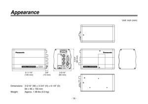 Page 16OPTION CARDY/Y/VIDEO IN
R-Y/C
IN
B-Y
IN
DC12V IN
VIDEO/RGB/COMPONENT/YC OUT
RS232C
SDI
IN
AUDIO INAW-
5-11/16”
(145 mm)3/8”
(10 mm)
3-3/4”
(96 mm)
3-5/16”
(84 mm)
- 16 -
Appearance
Unit: inch (mm)
Dimensions: 3-5/16” (W) ~3-3/4” (H) ~6-1/8” (D)
84 ~96 ~155 mm
Weight: Approx. 1.98 lbs (0.9 kg) 