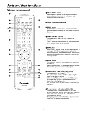 Page 121
Wireless remote control
1 ON/STANDBY button
Each time this is pressed for two seconds, operation 
switches between turning on the unit’s power and 
establishing the standby status.
2 Signal transmission window
3  MENU button
Each time this is pressed for two seconds, operation 
switches between displaying the unit’s menu and exiting 
the menu.
4 CAM1 to CAM4 buttons
These are used to select the units that are to be 
operated.
Once a button has been selected, the unit corresponding 
to the selected...