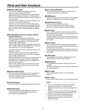 Page 1313
9 PRESET/LIMIT button
This is used to register the settings in the preset 
memories or set or release the limiters.
When a preset memory call button is pressed while the 
PRESET/LIMIT button is held down, the information on 
the unit’s current direction and other settings is registered 
in the call button.
Preset memor
y call buttons [1] to [1

] correspond to the 
unit’s No.1 to No.1 preset memories.
Furthermore, the pan and tilt movement range limits 
(limiters) are set and released by...