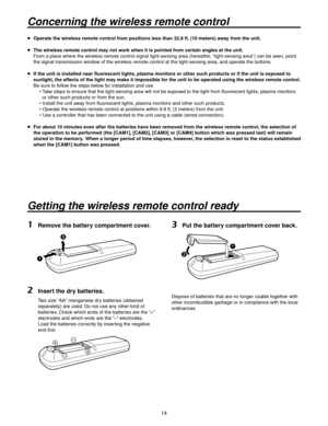 Page 1414
Concerning the wireless remote control
 Operate the wireless remote control from positions less than 32.8 ft. (10 meters) away from the unit.
  The wireless remote control ma y not w
 ork when it is pointed from certain angles at the unit.
    From a place where the wireless remote control signal light-sensing area \
(hereafter, “light-sensing area”) can be seen, point 
the signal transmission window of the wireless remote control at the light-sensing area, and operate the buttons.
    If the unit...