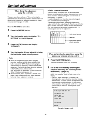 Page 3838
When doing the adjustment  using the controller
The same operations as those in “When performing the 
operations using the accessory wireless remote control” can 
be performed following the operation procedure for “Basic 
menu oper ations”

 (pages 40 to 4).
When the AW-RP655 is connected:
1  Press the [MENU] button.
2   Turn the jog dial (main) to display “G / L 
SETTING” on the LCD panel.
3   Press the [OK] button, and display 
“H PHASE”.
4   Turn the jog dial (R) and adjust it to bring 
the...