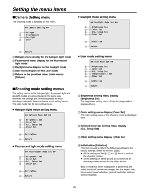 Page 4545
Camera Setting menu
The shooting mode is selected on this menu.
 Camera Setting 
 Halogen Fluorescent Daylight User
Return
1--------
2--------
3--------
4--------
5------
1 Halogen menu display for the halogen light mode
2   Fluorescent menu display for the fluorescent 
light mode
3  Daylight menu display for the daylight mode
4  User menu displa y f
 or the user mode
5   Return to the pre vious men
 u (main menu) 
[Return]
Shooting mode setting menus
The setting menus in the halogen light,...