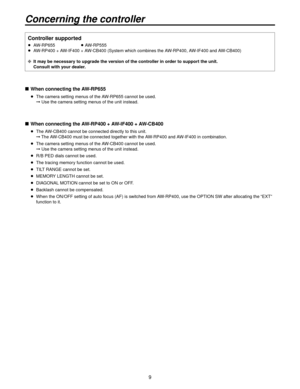 Page 99
Concerning the controller
Controller supported
 AW-RP655     AW-RP555
  AW-RP400 + AW-IF400 + AW-CB400 (System which combines the AW-RP400, AW-IF400 and AW-CB400)
  

 
It may be necessary to upgrade the version of the controller in order to support the unit. 
Consult with your dealer.
 When connecting the AW-RP655
  The camera setting menus of the AW-RP655 cannot be used.
   Use the camera setting menus of the unit instead.
 When connecting the AW-RP400 + AW-IF400 + AW-CB400
  The AW-CB400...