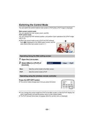 Page 22- 22 -
Switching the Control Mode
You can switch the control mode to main screen or PinP while a PinP image is displayed.
Main screen control mode:
You can operate the main screen (zoom, pan/tilt).
PinP control mode:
You can change the PinP retrieval position, and perform zoom operations for a PinP image. 
(l 23, 24)
≥ When the control mode is set to PinP, the PinP retrieval 
frame  A is displayed on the HDMI output monitor, and the 
zoom level of the main screen is set to  k1.
1Open the Live screen....