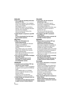 Page 22VQT4N15
ENGLISH≥How to open the operating instruction 
manual PDF files
Discontinue installation if the installation 
screen of the software opens as a result of 
inserting the CD-ROM.
When [INDEX.pdf] on the CD-ROM is 
opened, a list of the operating instruction 
manuals will be displayed.
Click on the document name of the 
manual to be opened.
≥ Adobe Reader is required to read PDF 
files.
It can be downloaded from the home 
page of Adobe Systems.
DEUTSCH≥Öffnen der PDF-Dateien der...