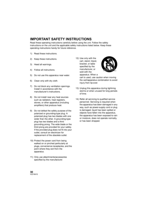 Page 3030VQT4N15
IMPORTANT SAFETY INSTRUCTIONS
Read these operating instructions carefully before using the unit. Follow the safety 
instructions on the unit and the applicable safety instructions listed below. Keep these 
operating instructions handy for future reference.
1) Read these instructions.
2) Keep these instructions.
3) Heed all warnings.
4) Follow all instructions.
5) Do not use this apparatus near water.
6) Clean only with dry cloth.
7) Do not block any ventilation openings. Install in accordance...