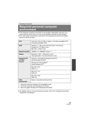 Page 3737VQT4N15
≥If the necessary computer environment is not provided, malfunctions may occur. E.g., 
screen pictures may be slow, or it may not be possible to operate the web browser.
≥ Even if the system requirements mentioned in this Operating Instructions are fulfilled, 
some PCs cannot be used.
*1 Cannot be used with Windows XP Compatibility mode.
*2 Cannot be used with Internet Explorer 8.0 (64 bit).
*3 Does not support Windows XP Professional x64 Edition.
≥ For detailed notes on the use of personal...
