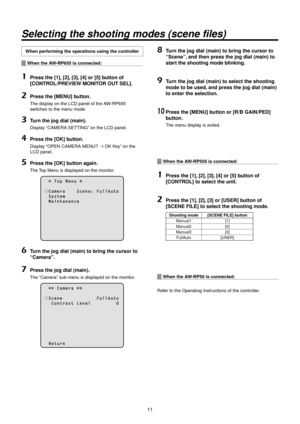 Page 1111
Selecting the shoot\wing mo\fes \bscene fil\wes)
When performing the operatio\>ns using the contr\>oller
When the AW‑RP655 is connecte\>d:
1	Press the [1], [2], [3], [4] or [5] button of 
[CONTROL/PREVIEW MONITOR OUT SEL].
2	Press the [MENU] b\>utton.
The display on the LCD panel\R of the AW‑RP\f55 
switches to the menu mode.
3	Turn the jog dial (ma\>in).
Display “CAMERA SETTING” on the LCD panel.\R
4	Press the [OK] button.
Display “OPEN CAMERA MENU? \R OK Key” on the
LCD panel.
5	Press the [OK]...