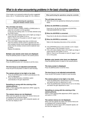 Page 1313
What to \fo when enc\wountering problems in the basic s\whooting operations\w
If the trouble is not resolved by taking the action\R suggested 
below, refer to “Troubleshooting” (page
 3\f in the ).\R
When performing the operatio\>ns  
using the wireless \>remote control
The unit does not \>move.
wp Press the [CAM1], \R[CAM\b], [CAM3] or [\RCAM4] button to 
select the unit whi\Rch is to be operated.
 
If only one unit i\Rs being used, it i\Rs normally selected usin\Rg 
the [CAM1] button.
wp If the...