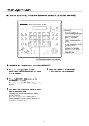 Page 3737
Basic operations
wwControl exercised from the Remote Camera\> Controller AW‑RP50
POWER ALARM F1 CAMERA
OSD
R/B GAIN R/B PED
SYSTEM
SETUP
CAMERA
SCENE/MODEDETAILDELETE
STORE PAGE
MENU F2 EXIT
USER2
USER1
PT ACTIVE
AUTO
IRIS
AUTO
HI
LOWPTZ/FOCUS SPEED
FOCUS/PUSH OAF
TELE
ZOOM WIDE
CAMERA STATUS / SELECTION
PRESET MEMORY / MENU
GAIN/PED
F2 F1
1 2 3
AWB/ABB
4
SHUTTER
5
1 2 3 4 5 6 7 8 9 10
For operating the \>camera menus.
CAMERA OSD:
   When this is press\Red for 
\b seconds, the selected camer\R
 a...