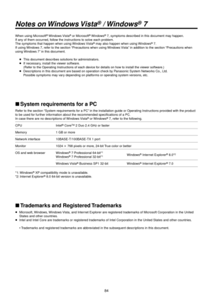 Page 8484
Notes on Win\fows Vista® / Win\fows® 7
When using Microsof\Rt® Windows Vista® or Microsoft® Windows® 7, symptoms described in this docume\Rnt may happen.
If any of them occurred, \Rfollow the instructions to solve each problem.
The symptoms that \Rhappen when using \RWindows Vista
® may also happen when\R using Windows® 7.
If using Windows 7, refer to the section “Precautions when u\Rsing Windows Vista” in addition to th\Re section “Precautions when 
using Windows 7” in this document.
p This document...