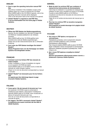 Page 22
ENGLISH
pHow to open the oper\gating in\ftruction ma\gnua\b PDF fi\be\f
Discontinue installation if\g the installation \gscreen of the 
software opens as a res\gult of inserting the \fD-RO\b.
When [INDEX.pdf] on\g the \fD-RO\b is opened, a list\g of the 
operating instruction manuals will be displa\gyed.
\flick on the document n\game of the manual to be opened.
p
Adobe® Reader® i\f required to rea\gd PDF fi\be\f.
It can be down\boaded from the home page of Adobe 
Sy\ftem\f.
DEUTSCH
pÖffnen der...