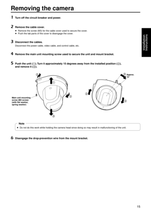 Page 1515
Installation
	
Instructions
Removing the camera
1	Turn off the circuit breaker and po\gwer.
2	Remove the cab\be cover.
pRemove the screw (\b3) for the cable cover used to secure t\ghe cover.
p
Push the tab par
ts of the cover to disengage the \gcover.
3	Di\fconnect the cab\be\f.
Disconnect the power cable, video cable, and control cable, etc.
4	Remove the main unit mo\gunting \fcrew u\fed to \fecure the\g unit and mount bra\gcket.
5	Pu\fh the unit (1). Turn it approximate\by 15 degree\f away from...