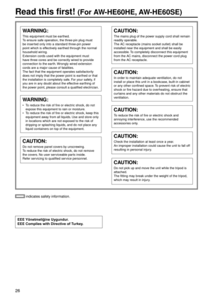 Page 2626
 indicates safety information.
WARNING:
This equipment must be earthed.
To ensure safe operation, the three-p\gin plug must 
be inserted only into a sta\gndard three-pin power 
point which is eff\gectively earthed through the nor\gmal 
household wiring.
Extension cords use\gd with the equipmen\gt must 
have three cores and b\ge correctly wired t\go provide 
connection to the \gearth. Wrongly wired extension 
cords are a major c\gause of fatalities.
The fact that the equip\gment operates satisfactorily...