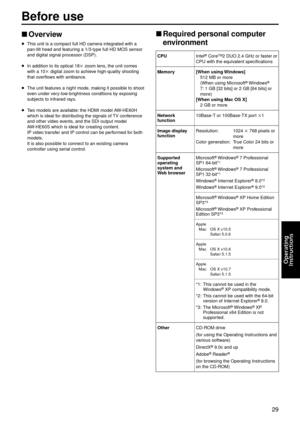 Page 2929
Operating
	
Instructions
Before u\fe
pwOverview
pThis unit is a com\gpact full HD camer\g a integrated with a 
pan-tilt head and featuring a 1/3-type full\g HD \bOS sensor 
and digital signal pr\gocessor (DSP).
p
In addition to its o\gptical 18

 zoom lens, the unit comes 
with a 10 digital zoom to achieve high-quality shoo\gting 
that overflows with ambiance.
p
The 

unit features a night mode, making it possible to shoot 
even under very-low-brightness conditions \gby exposing 
subjects to...