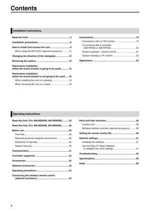 Page 44
Content\f
In\fta\b\bation In\ftruct\gion\f
Operating In\ftructio\gn\f
Read thi\f fir\ft! ..................\g..................\g..................\g............5
In\fta\b\bation precaut\gion\f  
..................\g..................\g...............6
Ho

w to in\fta\b\b and con\gnect the unit  
..................\g..............8
When using the 

WV
-
 Q105 (optional acc\gessory)  
..........12
Changing the directi\gon of the namep\bate\g

 
..................\g...14
Remo

ving the camera...