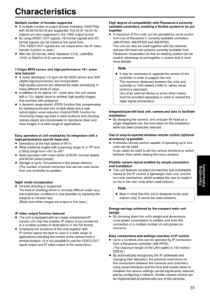 Page 3131
Operating
	
Instructions
Characteri\ftic\f
Mu\btip\be number of format\f \fupportedp
A m
 ultiple number of output formats including 1080i\g/720p 
with 59.94
  Hz/50   Hz are supported. The 29.97   Hz/25   Hz 
outputs are also s\gupported in the 1080i ou\gtput format.
p
By using 

VIDEO OUT signals, HD format signals and SD 
format signals can be \goutput at the same\g time. 
(The VIDEO OUT signals are not output when the IP video 
transfer function is use\gd.)
p
With the SD f

ormat, either...