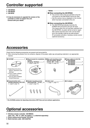 Page 3232
Contro\b\ber \fupported
pAW-RP655
p
A
 W
-
 RP555
p
A

W
-
 RP50

p 
It ma

y be nece\f\fary to upgrade the ve\gr\fion of the 
contro\b\ber in order to \fupport the unit. 
Con\fu\bt with your dea\ber.
w When connecting the \gAW- RP655
pThe camera menus that are operated using the 
L\fD panel on the AW
-
 RP655 cannot be use\gd.
 
 
Use the camer
 a menus displayed on the monitor 
which has been con\gnected to the unit.\g
w When connecting the \gAW- RP555
pThe AW-RP555 periodically transmits the...