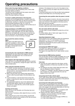 Page 3333
Operating
	
Instructions
Operating precautio\gn\f
Shoot under the pr\goper \bighting condit\gion\f.
To produce pictures \gwith eye-pleasing colors, shoot under 
the proper lighting\g conditions.
The pictures may not appear with \gtheir proper color\gs when 
shooting under fluor\gescent lights.
Select the proper \glighting as require\gd.
To en\fure a \ftab\be performance in the \bong \gterm
Using the unit for prolonged periods in locations w\ghere the 
temperature and humidity l\gevels are high will...