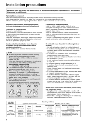 Page 66
In\fta\b\bation precaut\gion\f
Pana\fonic doe\f not ac\gcept any re\fpon\fibi\bity for accident or damage during in\fta\b\batio\gn if procedure in 
thi\f manua\b i\f not fo\b\bowed. 
To in\fta\b\bation per\fonne\b
Read the “Installation Inst\gructions” thoroughly and then\g perform the operation correctly an\gd safely.
Also, always read the “Read this first!” (page   5) of this manual as they contain important information.
After the installa\gtion, give the “Operating Instructions ” to the customer...