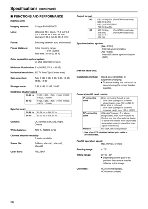 Page 5656
Specification\f(continued)
pwFUNCTIONS AND PERF\gORMANCE
[Camera unit]
Imaging \fen\for\f:
 
1/3-type Full-HD \bO\gS
Len\f:

   
\botor

ized 18 zoom, F1.6 to F2.8
(f=4.7
  mm to 84.6   mm; 35   mm 
equivalent: 36.9
  mm to 664.5   mm)
Focu\f:
 
Switching betw
 een auto and manual
Focu\f di\ftance:
   
Entire z
 ooming range:
 1.0

  m (3.28 ft) 
Wide end:
 30

  cm (0.98 ft)
Co\bor \feparation op\gtica\b \fy\ftem:
 On-chip color filte\gr system
Minim

um i\b\bumination:  
3
   lx (50   IRE, F1.6,...