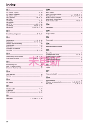 Page 5858
未更新
pxA
A\f Adapter (Option)  ..................\g..................\g...............  19, 20
A \f adaptor (Supplied)\g   
..................\g..................\g............  31, 49
A

\f adaptor cable   
..................\g..................\g..................\g..  11, 16
A

W
-
 \fA20T6G   
..................\g..................\g..................\g.  19, 20, 31
A

W
-
 HS50   
..................\g..................\g..................\g..................\g..  21
A

W
-
 PS550...